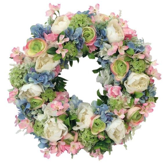 Wieniec na drzwi - różowo niebieska kompozycja - kwiaty sztuczne