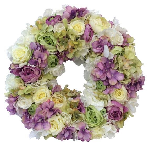 Wieniec na drzwi - fioletowo zielona kompozycja - kwiaty sztuczne