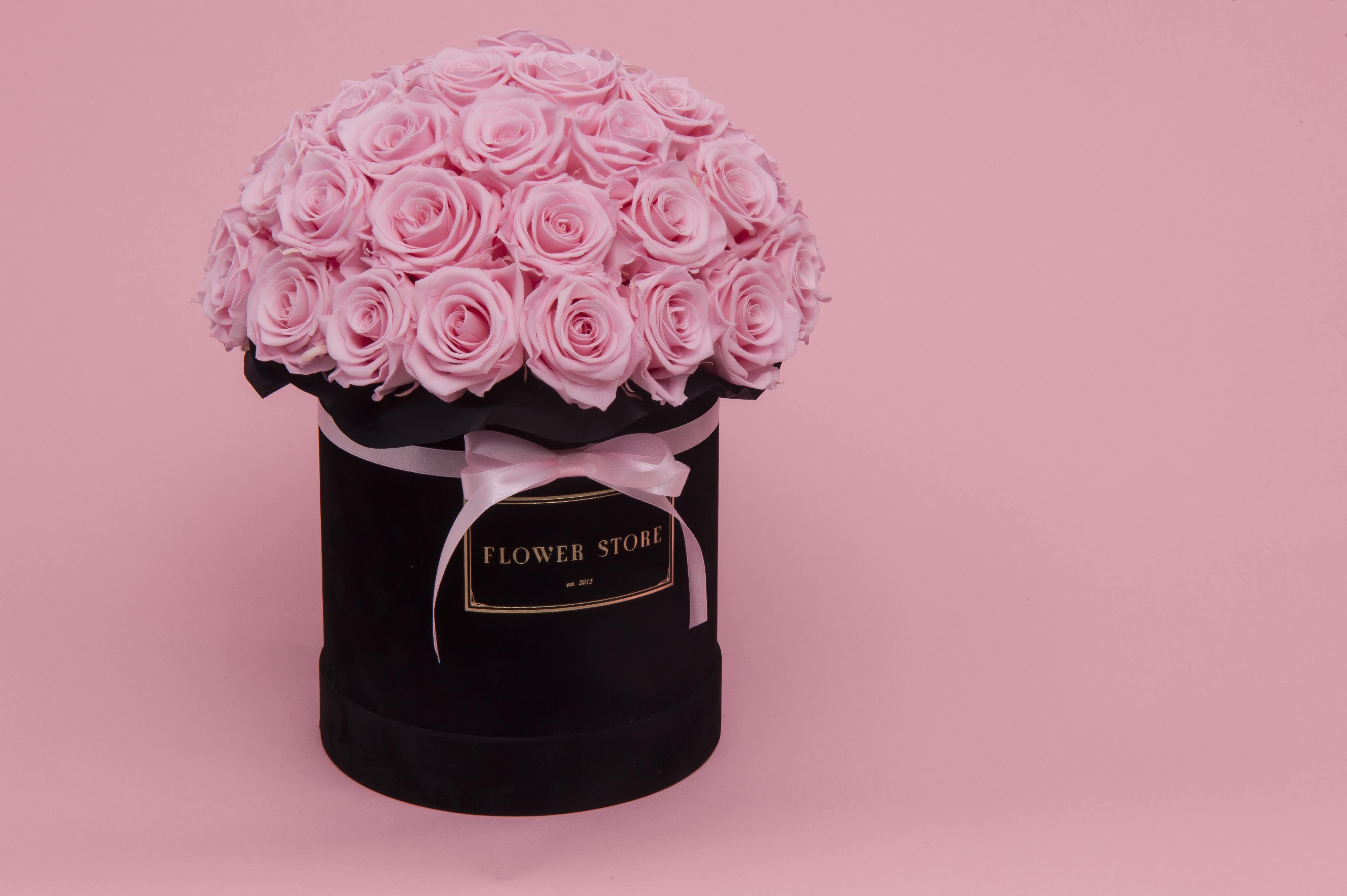 Black Flowerbox with pink eternal roses - all sizes