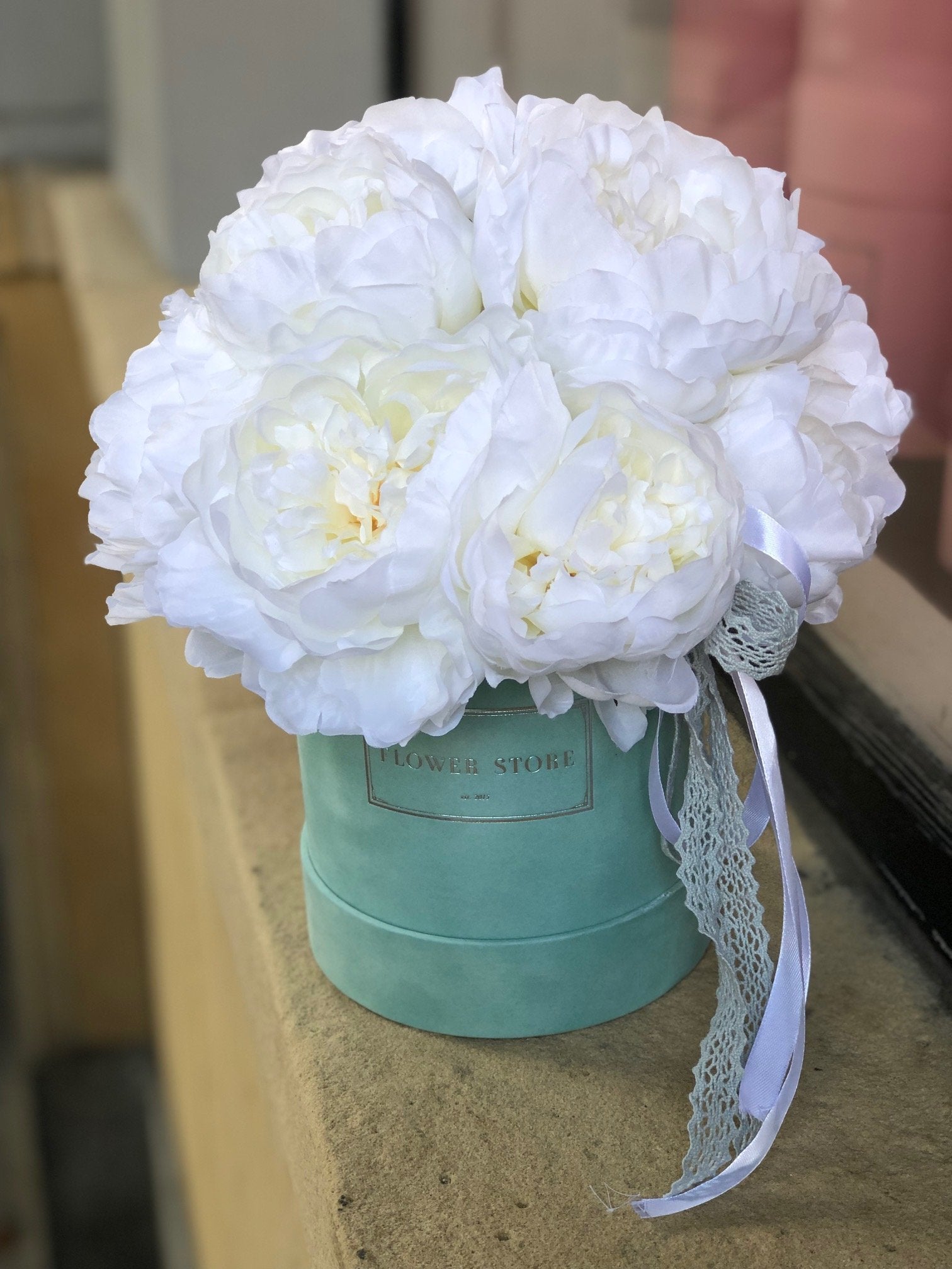 Mint flocked box with peonies- artificial flowers