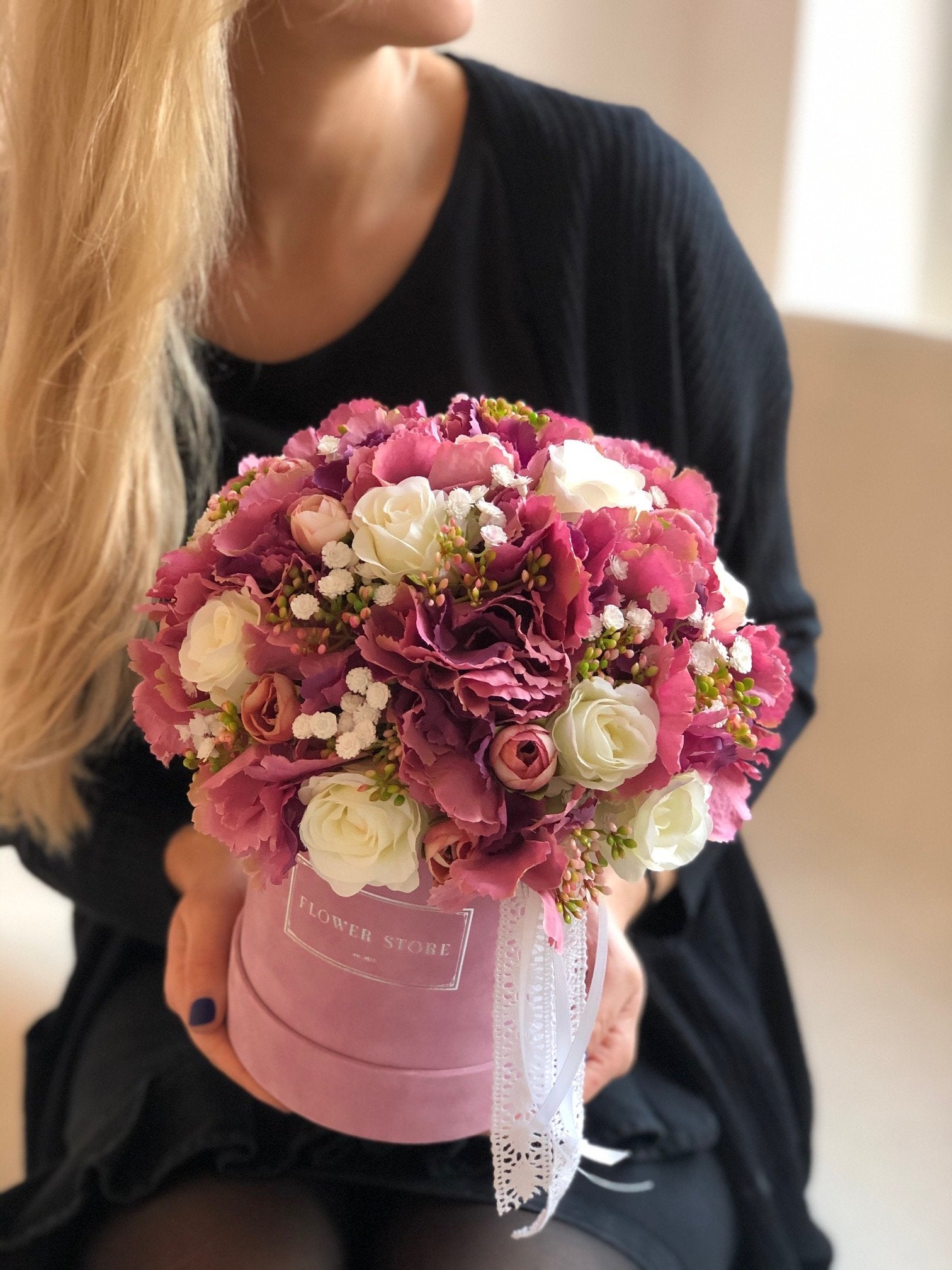 Pink Flocked Box- spring composition- artificial flowers