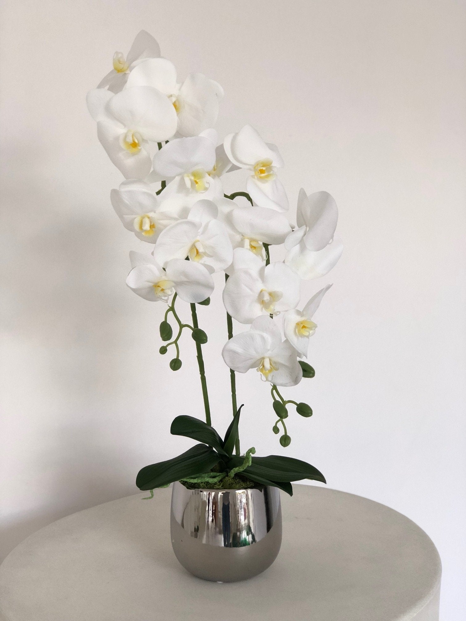 Exclusive small orchid in a silver pot- artificial flowers