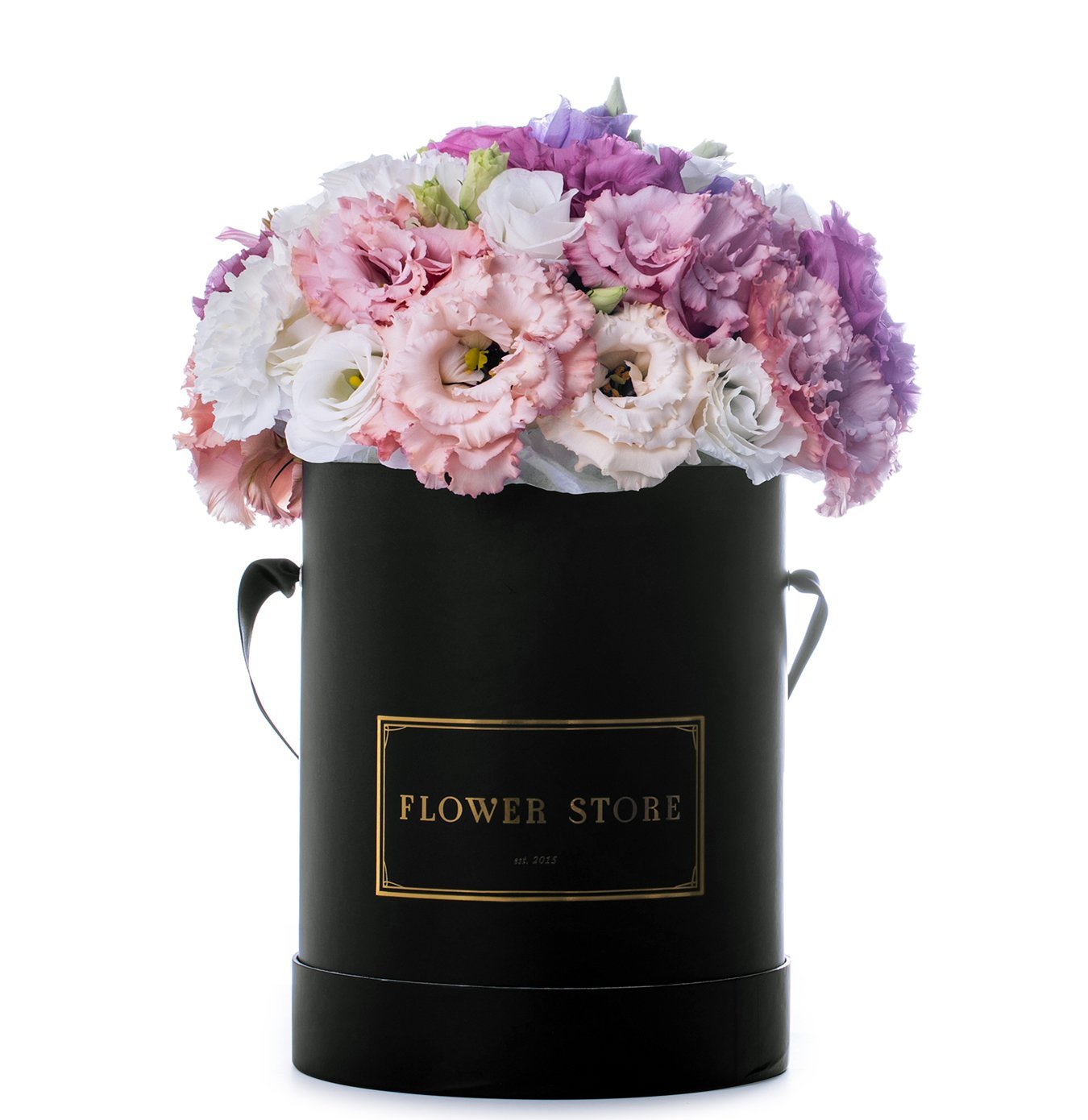 A large black box with a graphic by Anna Halarewicz, spring composition - live flowers