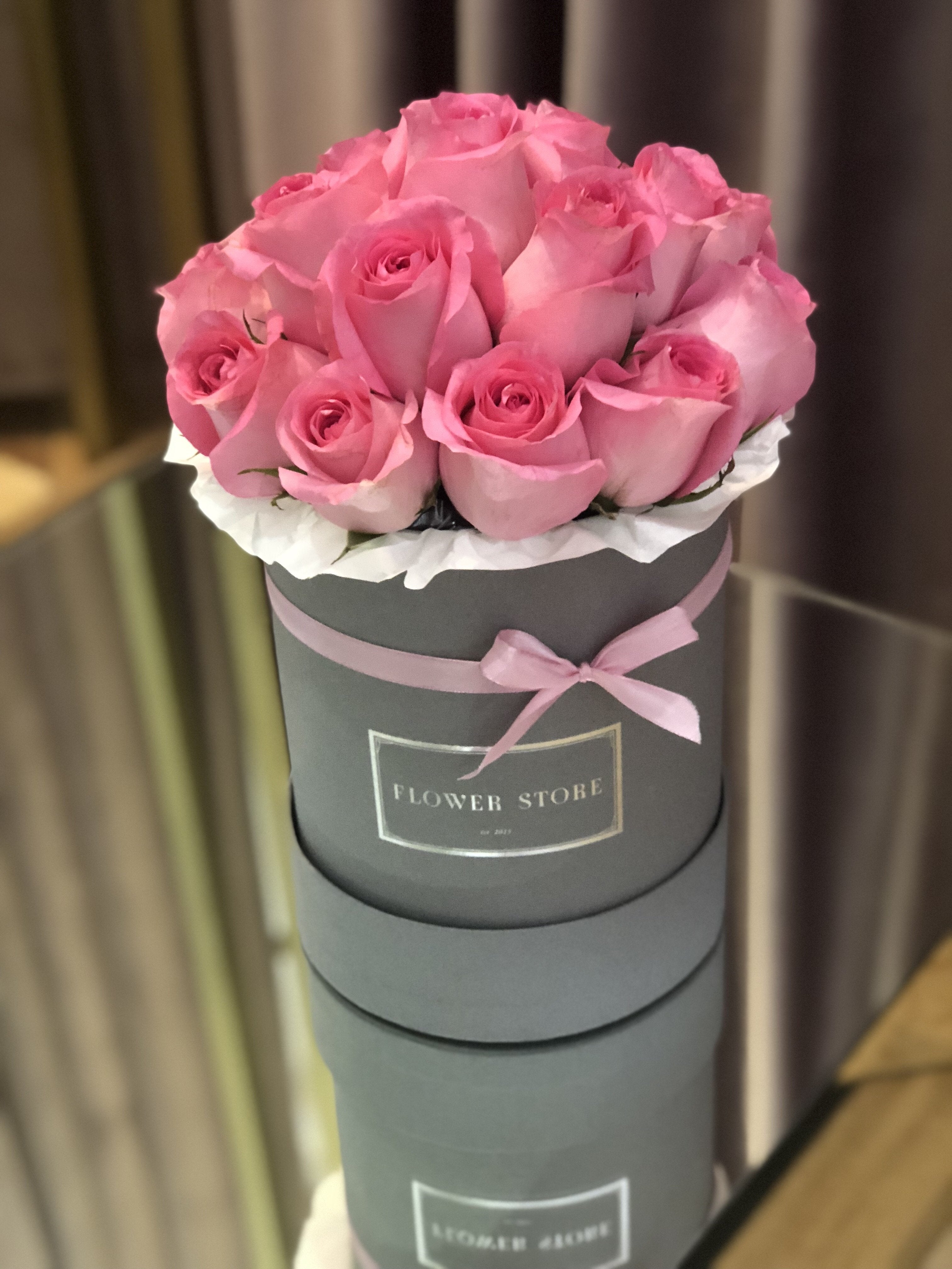 Medium gray velor box with pink roses- live flowers