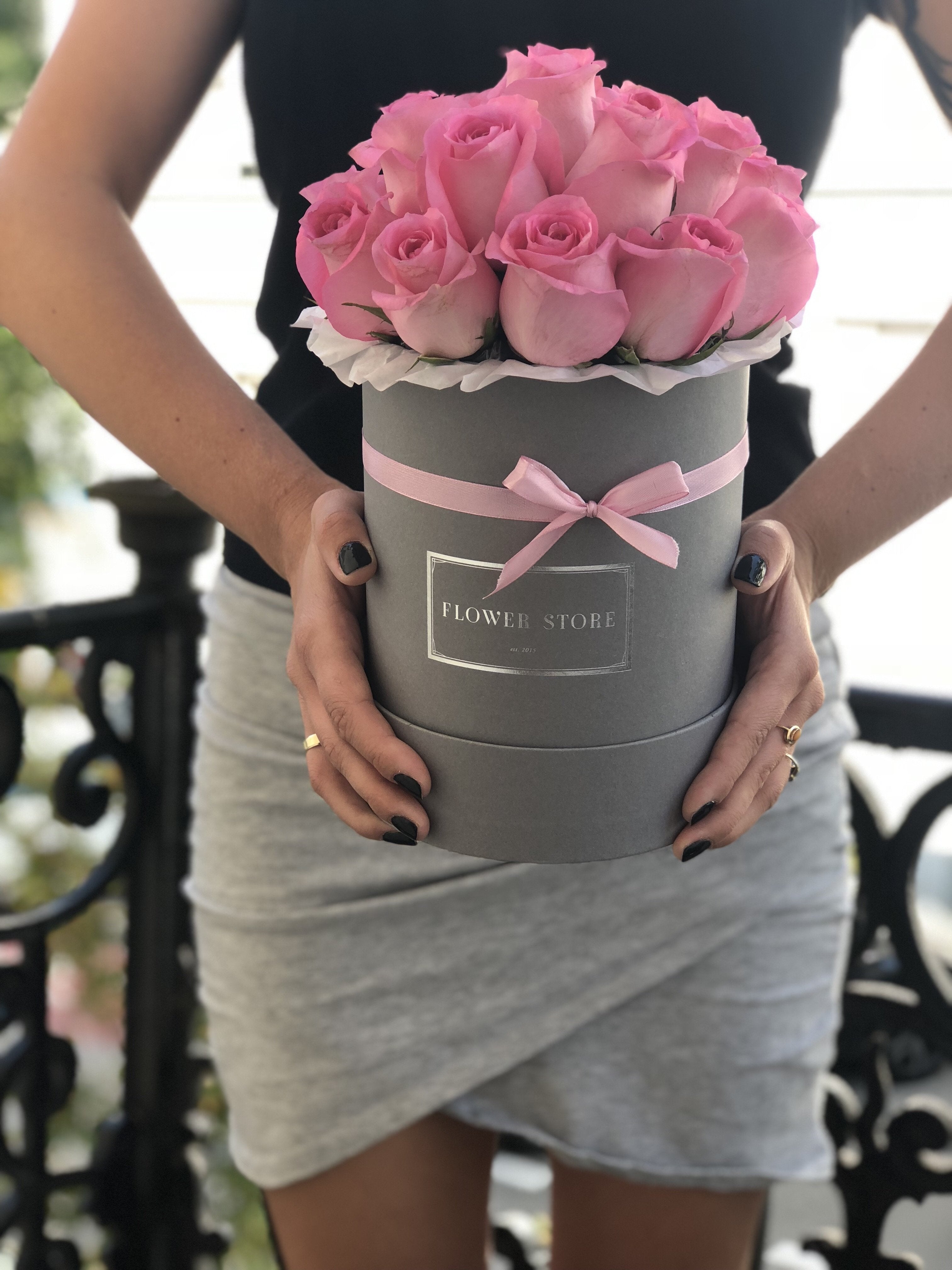 Medium gray velor box with pink roses- live flowers